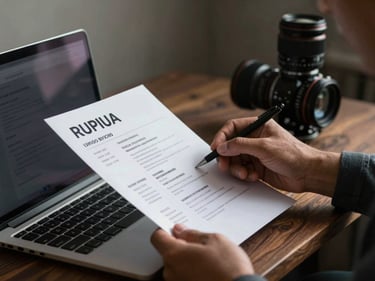 Confident candidate preparing a professional curriculum vitae on a laptop