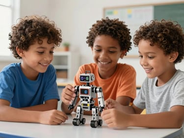 Happy Brazilian kids building a toy robot together in a bright classroom.