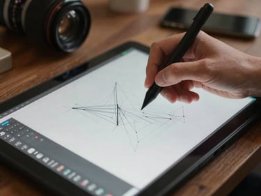Graphic designer working with a stylus tablet and digital vector graphics on screen