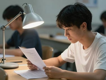 Focused student reviewing test sheets under bright desk lamp lighting.