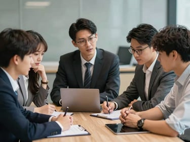 A group of young professionals collaborating actively around a meeting table