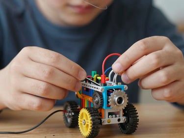 Close-up of a child's hands assembling a small colorful robot with wires and gears