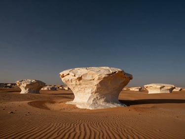 Surreal white limestone formations of the Egyptian desert under a vast starlit night sky, deep shadows, poetic and atmospheric.