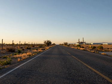 Low-angle ground-level shot from inside a northern Mexico parcel looking toward the access road, golden hour daylight, flat terrain, visible boundary fence on the left, scrub and sparse grass, no people, neighboring industrial facility visible at distance on the right