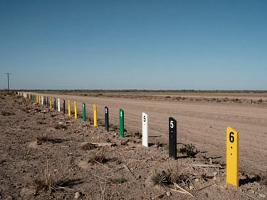Perimeter walk shot along the south edge of a northern Mexico terrain parcel, natural daylight, boundary markers in foreground, flat open land extending to the horizon, utility infrastructure pole visible at the far corner, no people, clear blue sky