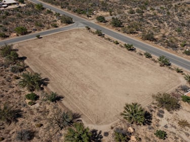 Overhead aerial view of a rectangular undeveloped parcel in northern Mexico, midday natural light, lot corners marked with visible stakes, paved road running along the north boundary, sparse desert vegetation inside, no buildings, clear cardinal orientation
