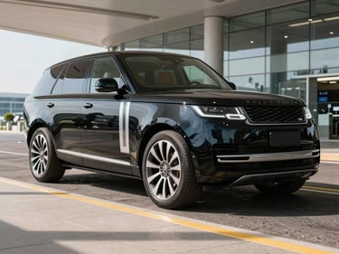 Sleek black luxury SUV parked at a modern airport terminal under crisp daylight, eye-level perspective, sharp focus