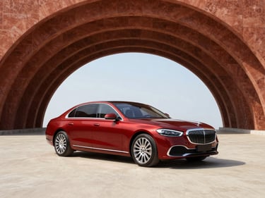 Modern high-end executive sedan in a clean studio setting, high-key lighting, rich saturated tones