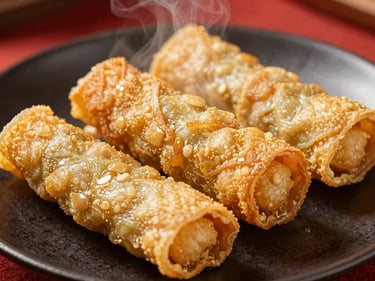 Crispy fried bean curd skin dimsum rolls on a dark plate, golden brown texture, macro shot