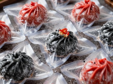 Neatly arranged frozen dimsum packs in clear vacuum-sealed packaging, clean ice crystals, professional look