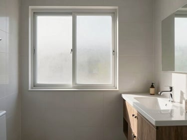 Wide environmental shot of a finished bathroom renovation, natural daylight from a frosted window, clean tile work and vanity visible, no staging or props