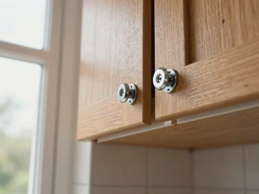Close-up overhead shot of kitchen cabinet hardware being installed, natural window light, wood grain and metal fasteners in sharp focus