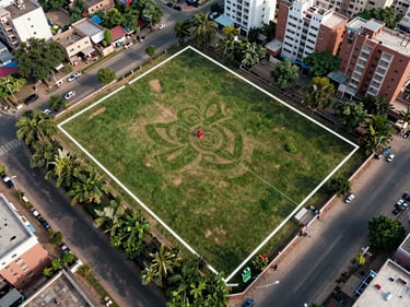 Aerial photograph of marked residential plot boundaries in a premium Mohali sector, surveyor pegs visible, surrounding infrastructure including roads and street lights, shot from directly above in daylight