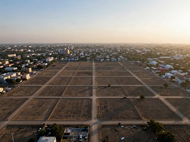 Aerial photograph of demarcated residential plots in a premium Mohali sector, boundary markers visible, wide open sky, golden hour light casting long shadows across the land grid, shot from above at medium altitude