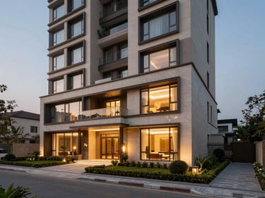 Exterior of a completed luxury residential building in Mohali at dusk, warm lobby lights visible through ground-floor glazing, manicured forecourt, shot from street level slightly to the left