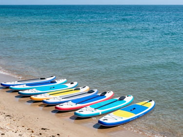 Wide-angle action shot of colourful paddleboards lined up on the shore of Poole Harbour, shallow turquoise water under bright daylight.