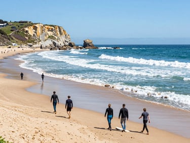 Vibrant outdoor photography of surfers walking along Bournemouth beach, bright coastal daylight, sandy cliffs and rolling waves in the background.