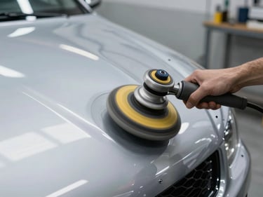 Rotary polisher working across a silver car panel, circular correction pattern visible under cool bright workshop lighting, paint reflection sharp