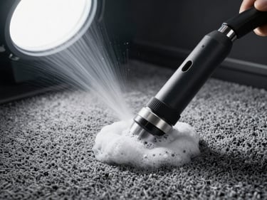 Hot-water extraction nozzle pressed into a grey car carpet, foam and moisture lifting from the fibers under bright cool overhead light