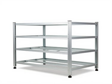 Crisp industrial product photography of modular battery storage racks, de-branded, clean white background, bright even studio light
