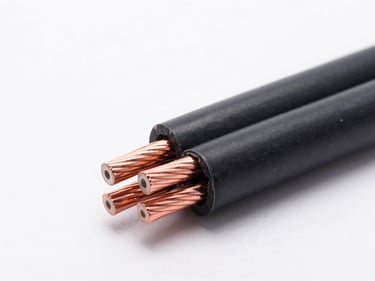 Crisp industrial product photography of a medium-voltage cable cross-section showing copper cores and XLPE insulation, clean white background