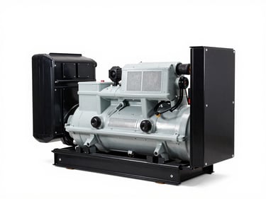 Crisp technical product shot of a soundproof diesel generator unit, clean white background, bright studio lighting
