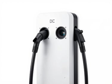 Crisp industrial product photography of a de-branded dual-port EV DC fast charger, clean white background, bright even studio light