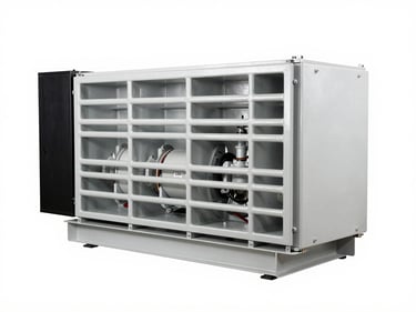 Crisp industrial product photography of a soundproof diesel generator enclosure, de-branded, clean white background, bright even studio light