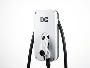 Crisp industrial product shot of a de-branded DC fast charger unit, clean white background, bright studio lighting