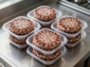 Overhead view of stacked frozen burger patties in food-safe packaging on a commercial kitchen counter, neutral daylight, clean stainless steel background