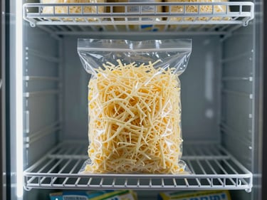Straight-on shot of a sealed commercial bag of shredded mozzarella cheese on a cold steel shelf inside a commercial freezer, cool fluorescent lighting, packaging clearly visible