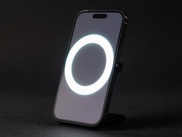 Close-up of a vertical smartphone on a minimal dark stand with a ring light reflected in the screen surface, cyan rim light on the phone edges, deep shadow background, no people, no text