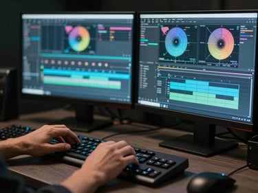 Tight close-up of hands operating a professional video editing workstation, dual monitors displaying color grading scopes and a timeline, dark studio environment, cyan monitor glow, no faces visible