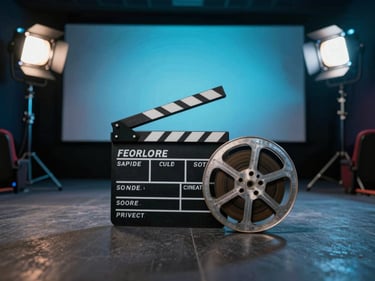 Wide-angle low shot inside a cinema set, a clapperboard resting against a film reel canister on a dark floor, multiple light rigs visible in the background, blue-cyan practical lighting, no people
