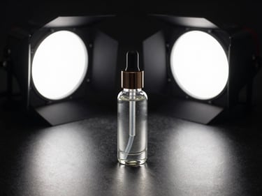 Overhead studio shot of a luxury skincare product bottle on a dark reflective surface, two precision strobe lights creating hard specular highlights on the glass, isolated on near-black, no people