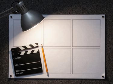 Overhead environmental shot of a storyboard grid pinned to a dark corkboard, a director's viewfinder and pencil beside it, single focused desk lamp casting sharp light, no people, no text