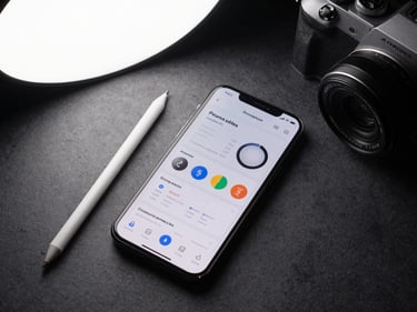 Overhead flat-lay of a mobile phone showing a social media analytics dashboard, a stylus, and a compact camera on a dark textured surface, cool white studio light from above, no people