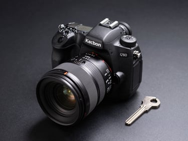 Overhead close-up of a professional DSLR camera body and prime lens on a matte black surface, a single silver key light casting a crisp shadow to the right, no text or people