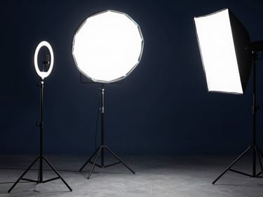 Wide shot of a ring light and boom microphone arranged in a controlled studio space, deep navy background, cyan-tinted rim light on the equipment edges, no people, no text