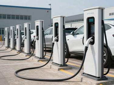 Ground-level wide shot of electric vehicle charging stations in a depot yard, cables connected to multiple EVs, daylight, industrial facility visible in background, strong foreground detail