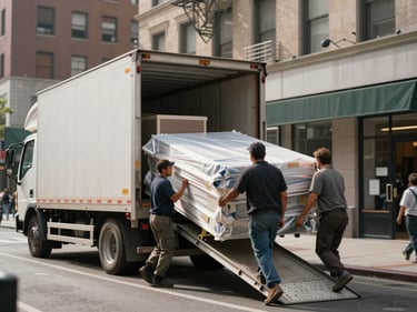 Wide shot of a moving truck being loaded on a city street, two workers carrying wrapped furniture up a ramp in daylight, urban building facades in background, depth-of-field on the action