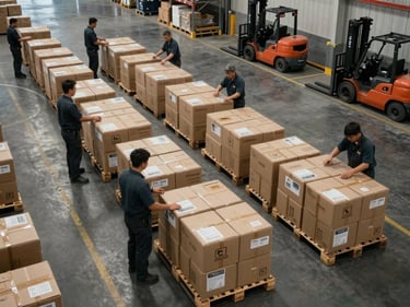 Overhead view of cargo sorting in a warehouse, workers arranging labelled boxes on pallets under fluorescent industrial lighting, floor markings and forklifts visible in background