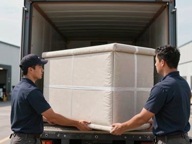 Documentary close-up of uniformed movers loading padded furniture into a large truck bay, daylight from a warehouse loading dock, depth-of-field isolating the careful hand placement on a wrapped cabinet