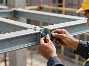 Close-up of a construction worker's hands fastening a steel beam joint on a building frame, daylight, raw concrete and scaffolding visible in background, shallow depth of field