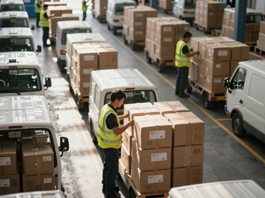 Documentary overhead shot of a logistics sorting floor, small cargo vehicles lined up at bays, workers in hi-vis vests scanning parcels under strong warehouse daylight, depth-of-field on the nearest parcel stack