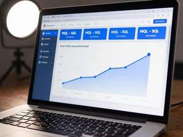 Close-up of a SaaS acquisition funnel dashboard on a laptop screen, bright studio overhead light, blue and white UI showing MQL-to-SQL conversion rates and a rising weekly signups line chart, sharp focus on the metric tiles in the upper third