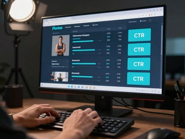 Hands on a keyboard in front of a large monitor displaying a fitness brand paid social campaign performance dashboard, crisp overhead studio light, Meta Ads Manager-style interface with impressions, CPM, and CTR metrics in blue and cyan, no people faces