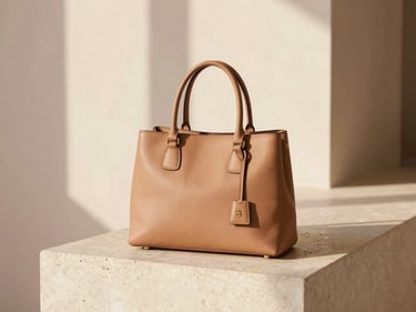 A minimalist tan leather handbag sitting on a textured stone plinth, warm morning shadows, 35mm