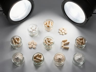 Flat-lay overhead of capsules, tablets, and powder in small glass containers on a white lab bench, bright overhead studio lighting, precise arrangement