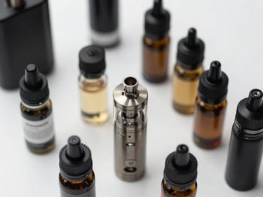 Close-up overhead of vape device components and liquid vials arranged on a clean white surface under controlled studio lighting, no people